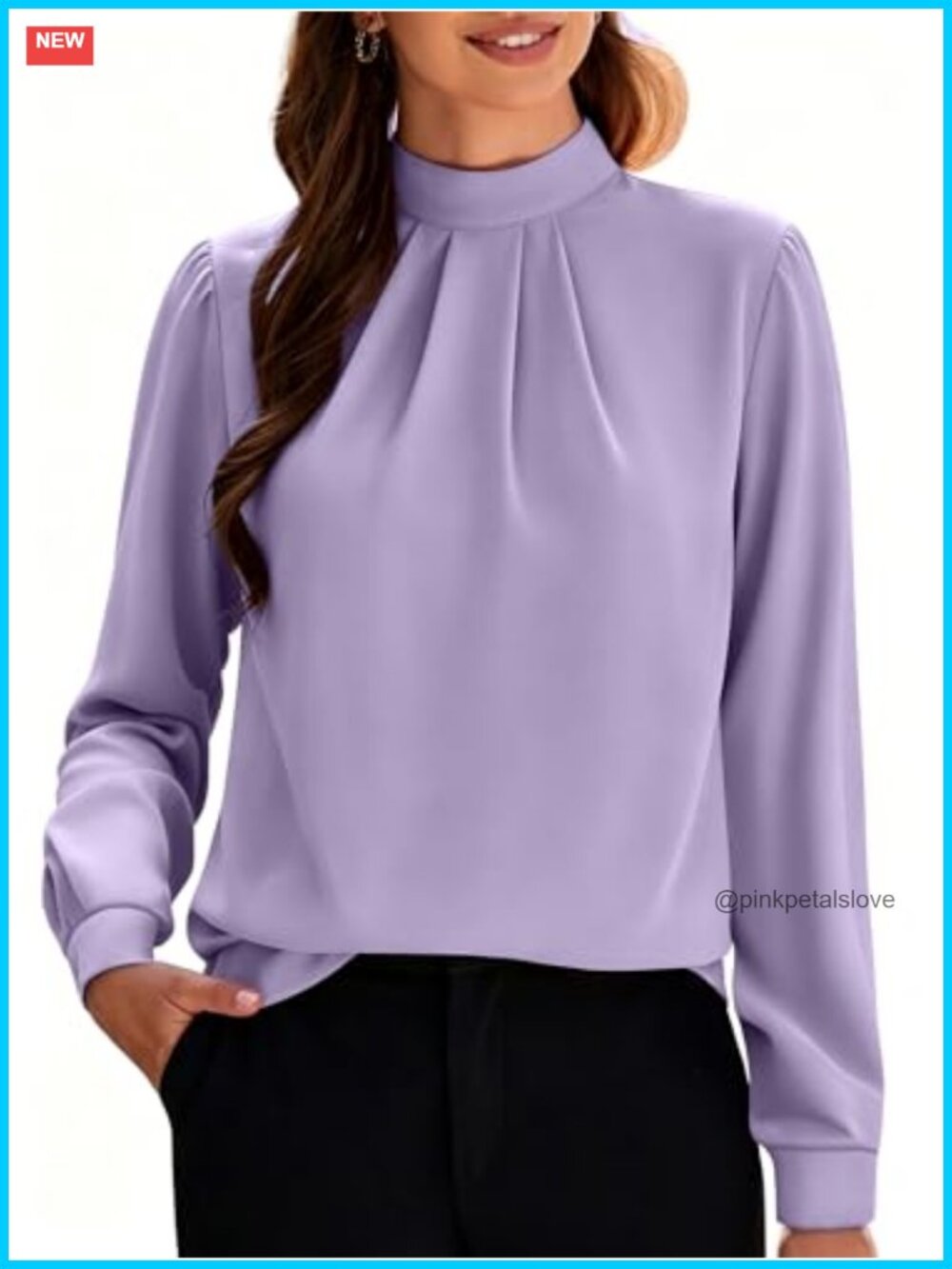 Womens Mock Neck Long Sleeve Chiffon Tunic Blouse Pleated Work Top